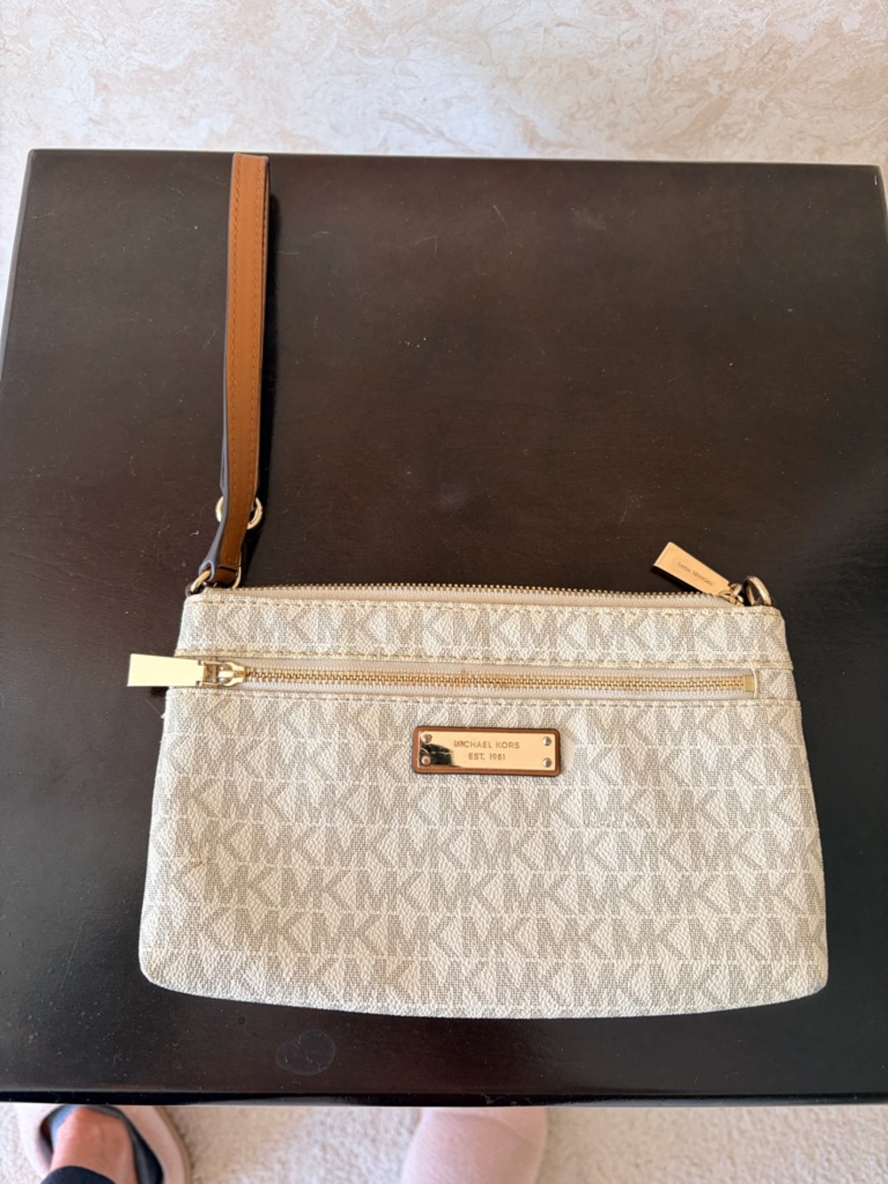 Michael Kors Beige Logo Wristlet with Tan Strap and Gold Hardware